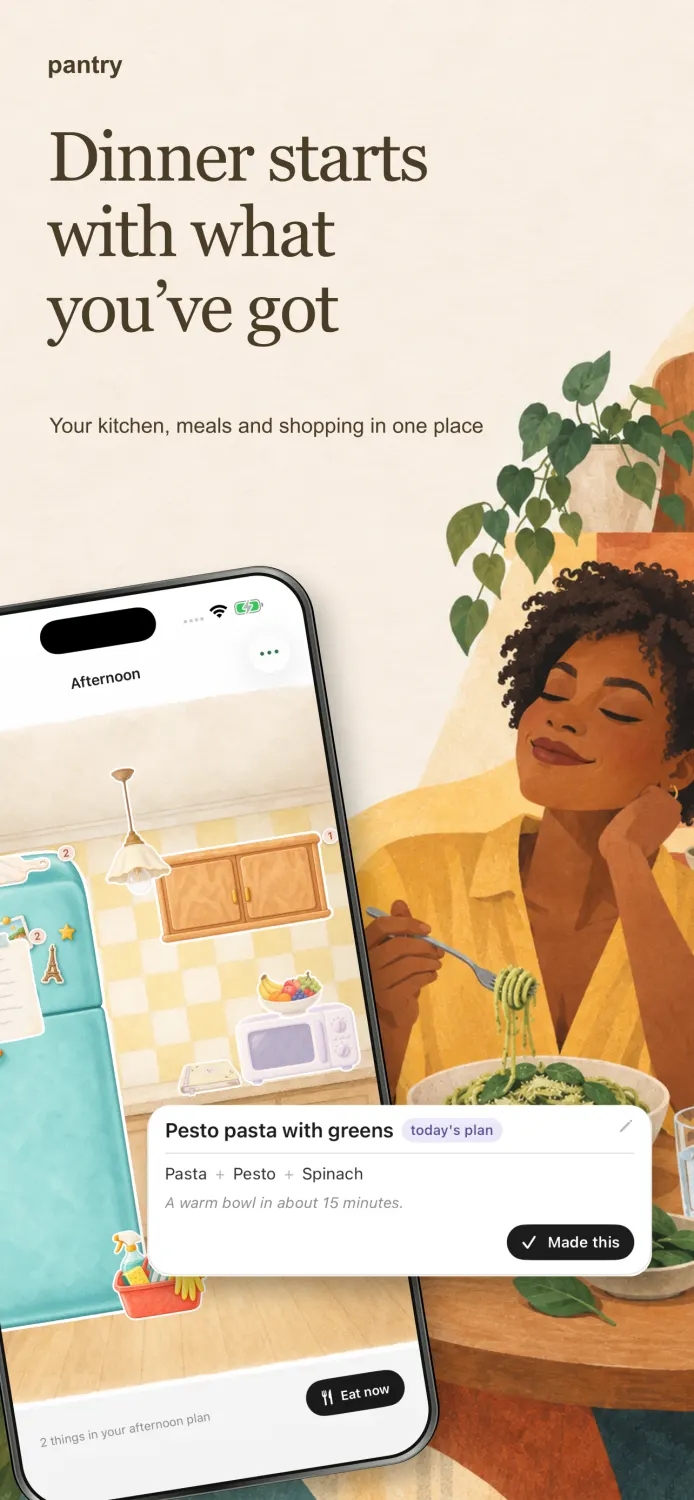 Pantry artwork with a person eating in their kitchen beside the meal app