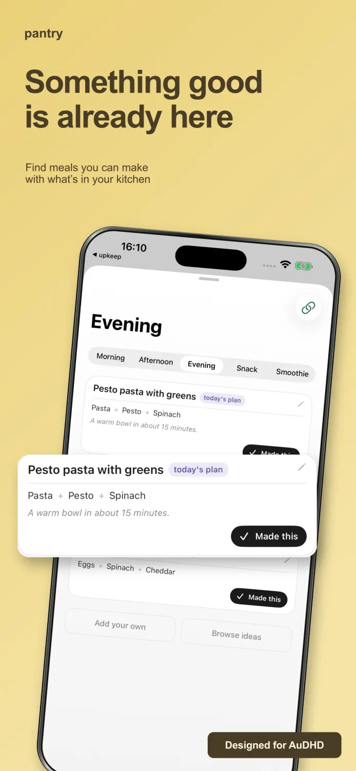 Pantry showing meals that can be made with ingredients at home