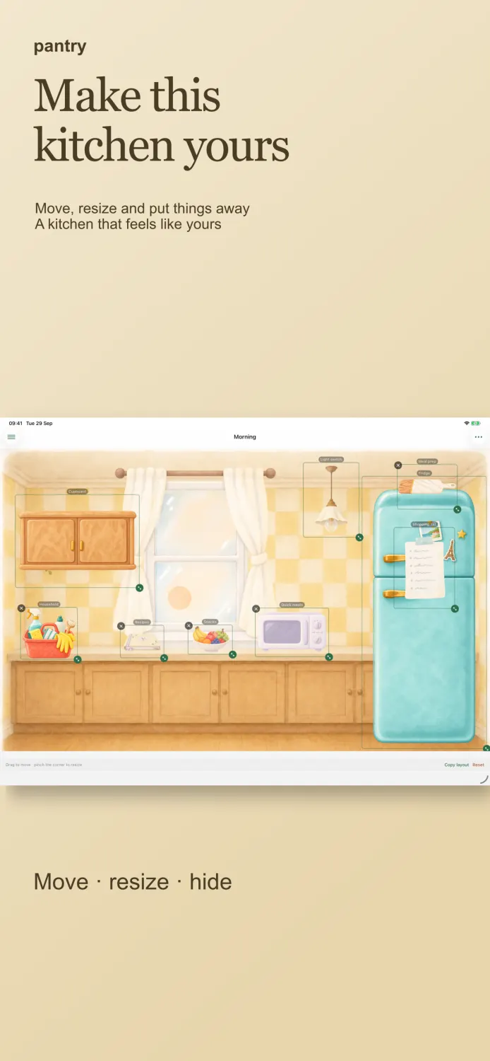 Illustrated Pantry kitchen with a fridge, cupboards and plants
