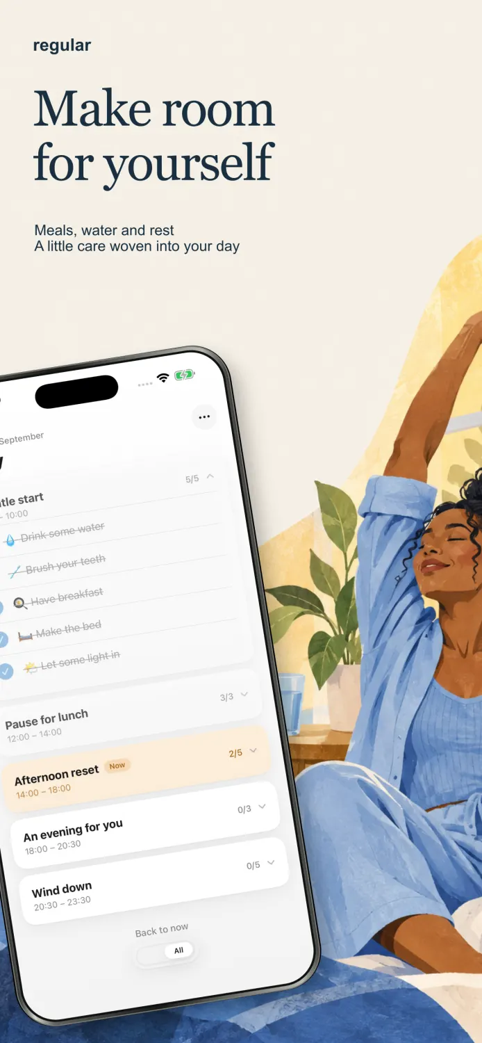 Regular artwork with a person resting beside the daily care app