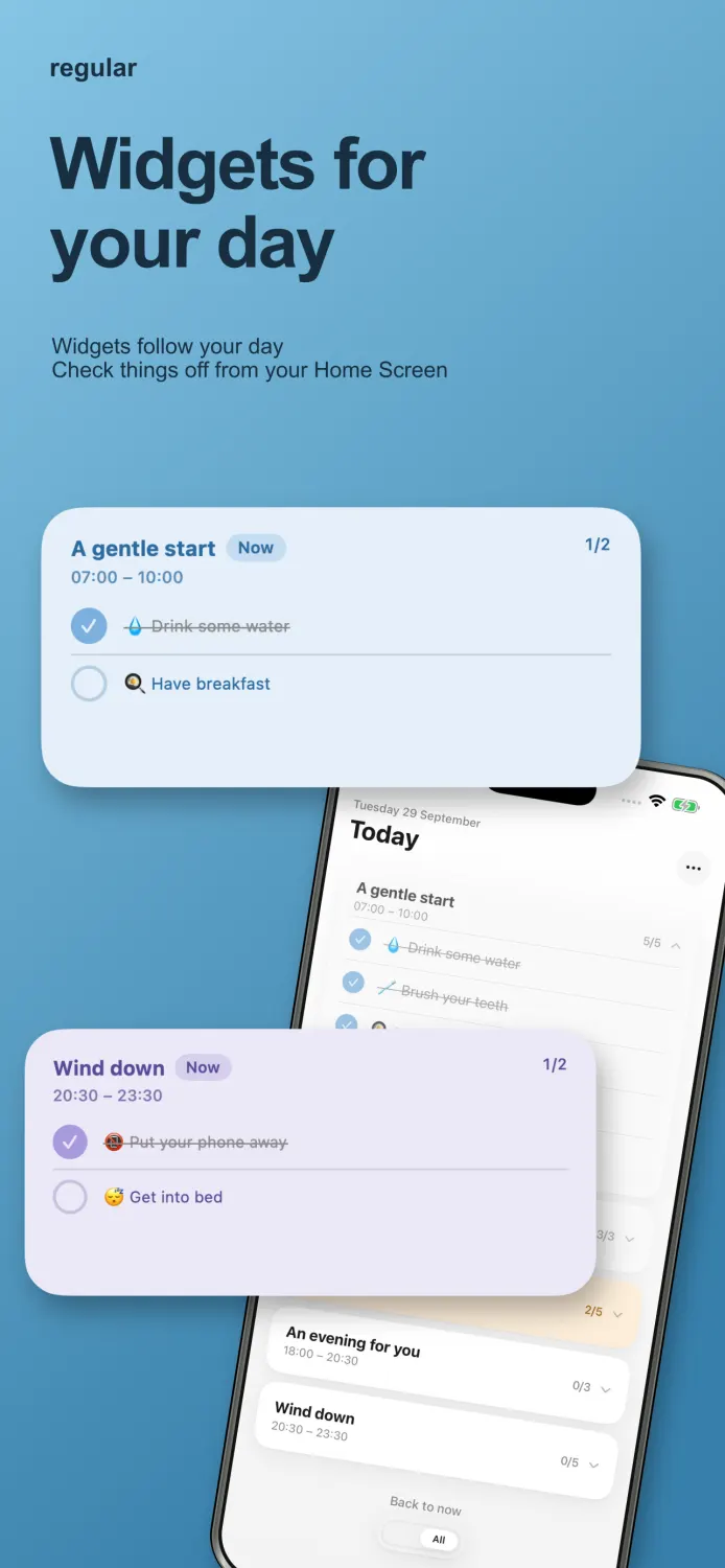 Regular widgets showing care prompts throughout the day