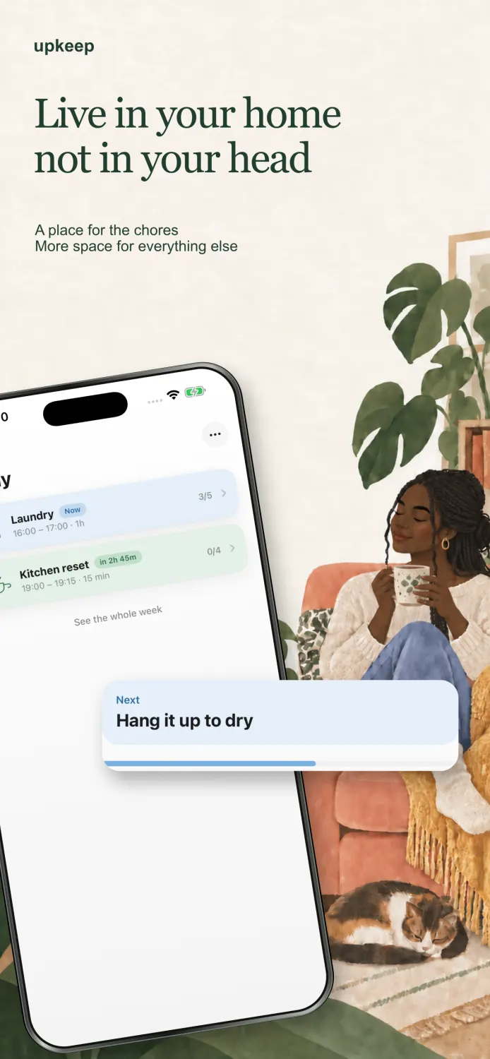 Upkeep artwork with a person relaxing at home beside the chore app