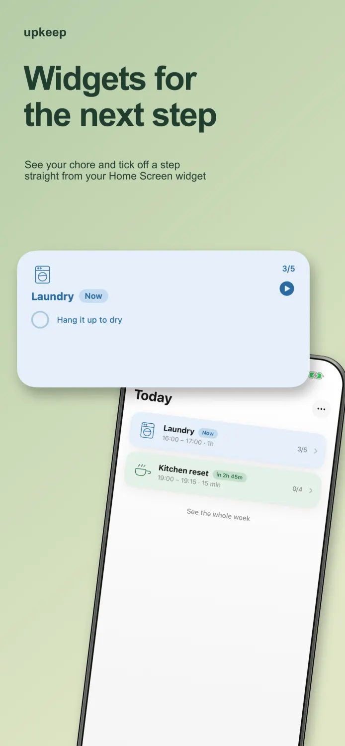 Upkeep Home Screen widget showing the next chore step